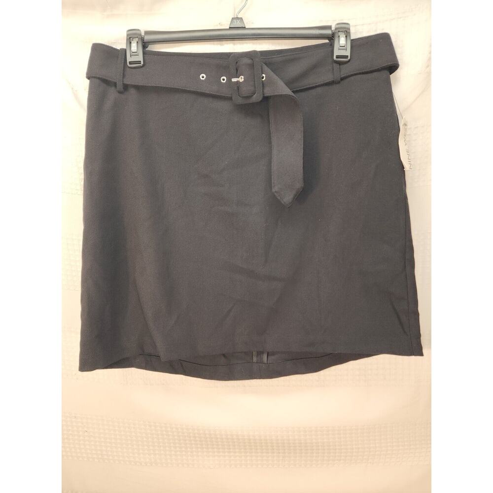 Nine West Skirt Blk Sz 0X Mini Skirt Aline Belted Twill Preppy 100% Cotton Plus